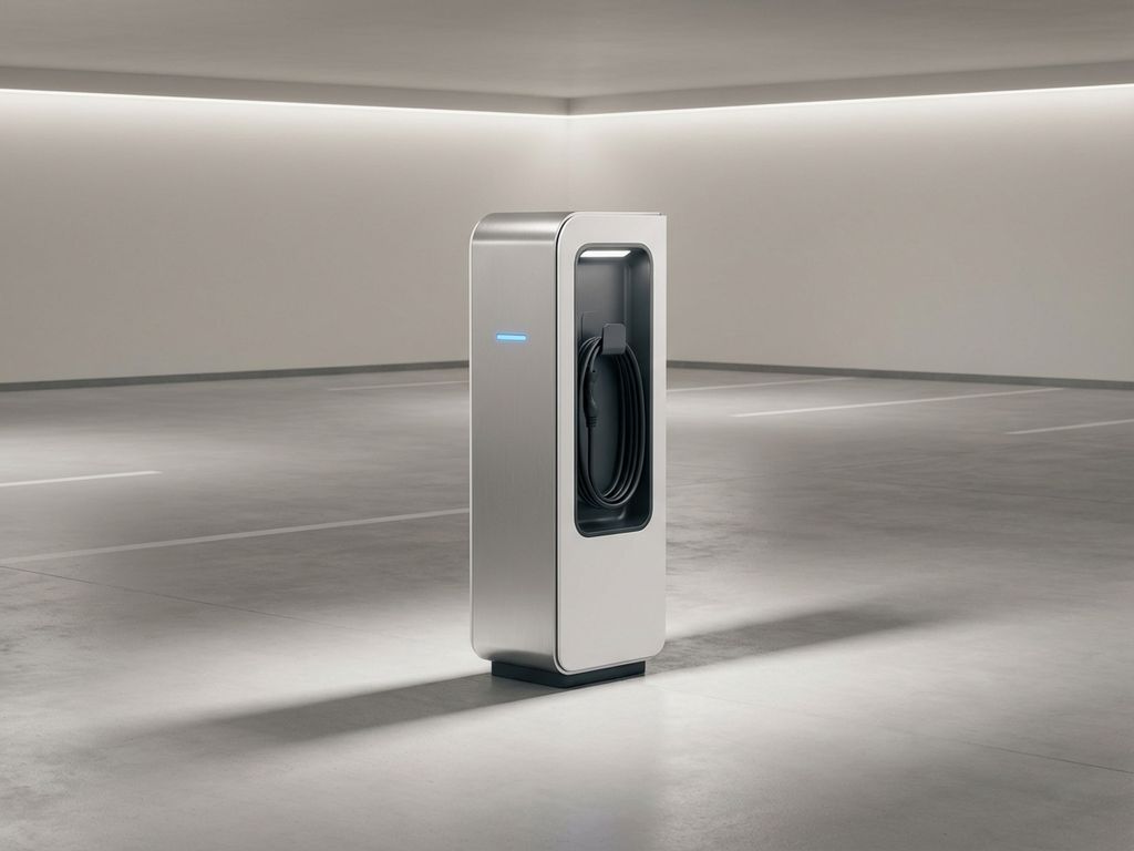 Moderne elektrische laadpaal in lege parkeerplaats met nette kabelorganisatie en blauwe indicator