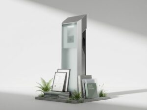 Moderne elektrische laadpaal met regelgevingsdocumenten aan de basis en groene scheuten op witte achtergrond