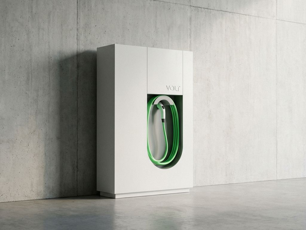 Moderne elektrische laadpaal met witte behuizing en groene laadkabel tegen betonnen muur