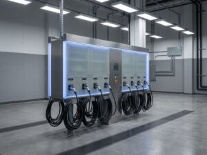 Moderne elektrische verdeelpaneel met tien EV-laadkabels in industriële omgeving met LED-verlichting