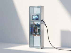 Elektrische laadstation met glazen paneel en digitaal display, witte achtergrond met zachte schaduwen