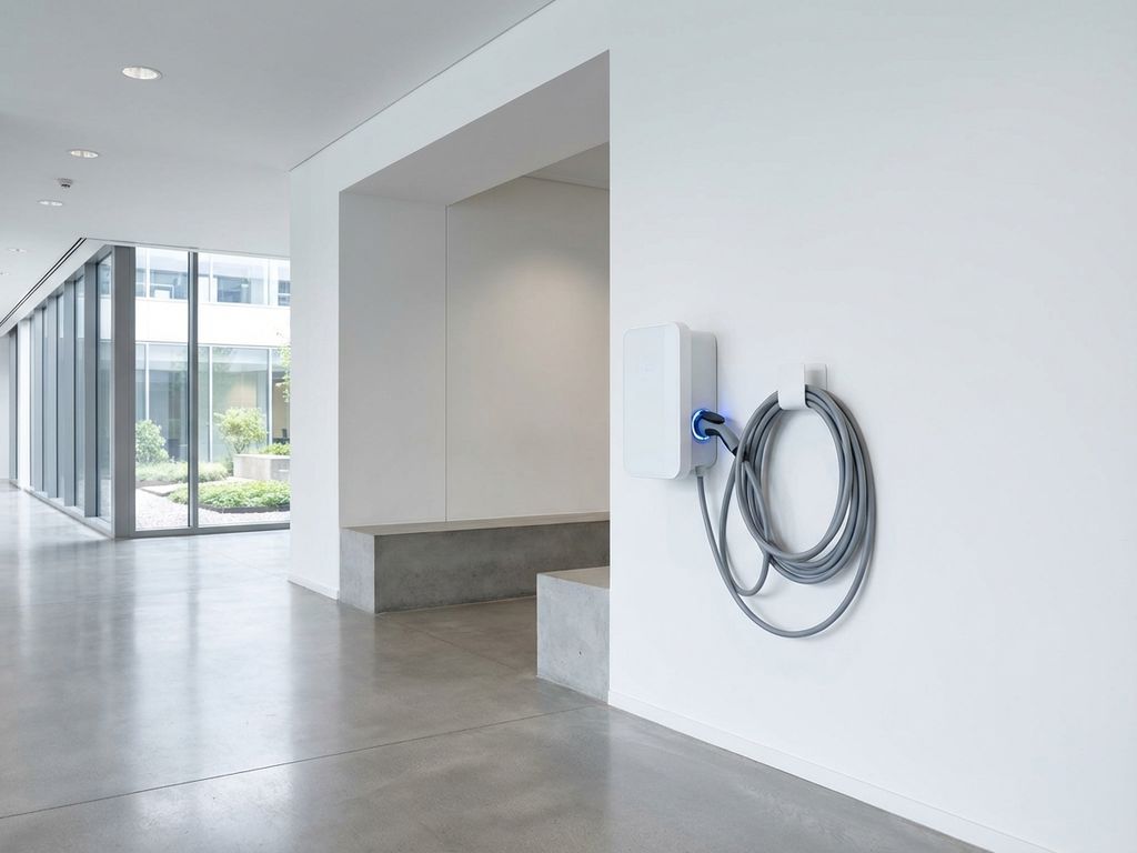 Moderne elektrische laadpaal aan witte muur van kantoorgebouw met opgerolde kabel en blauwe LED-verlichting