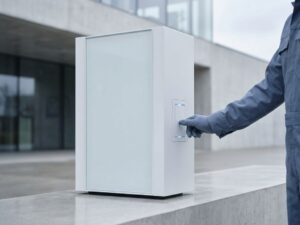 Technicus controleert onderhoudsvenster van witte elektrische laadpaal op betonnen platform met LED-indicatoren