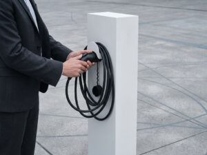 Professionele handen in pak bedienen elektrische laadpaal met witte behuizing en opgerolde laadkabel