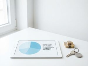 Tablet met energiekosten taartdiagram naast gestapelde euro munten en appartementsleutel op wit bureau
