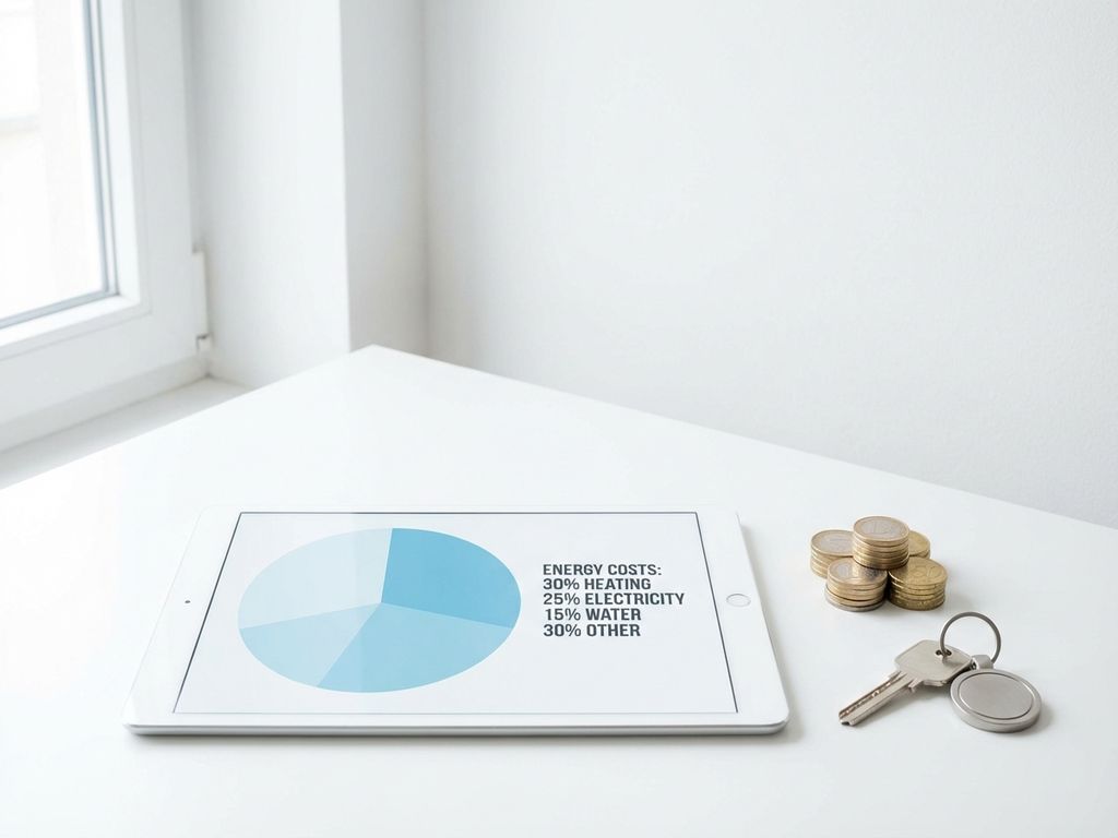 Tablet met energiekosten taartdiagram naast gestapelde euro munten en appartementsleutel op wit bureau