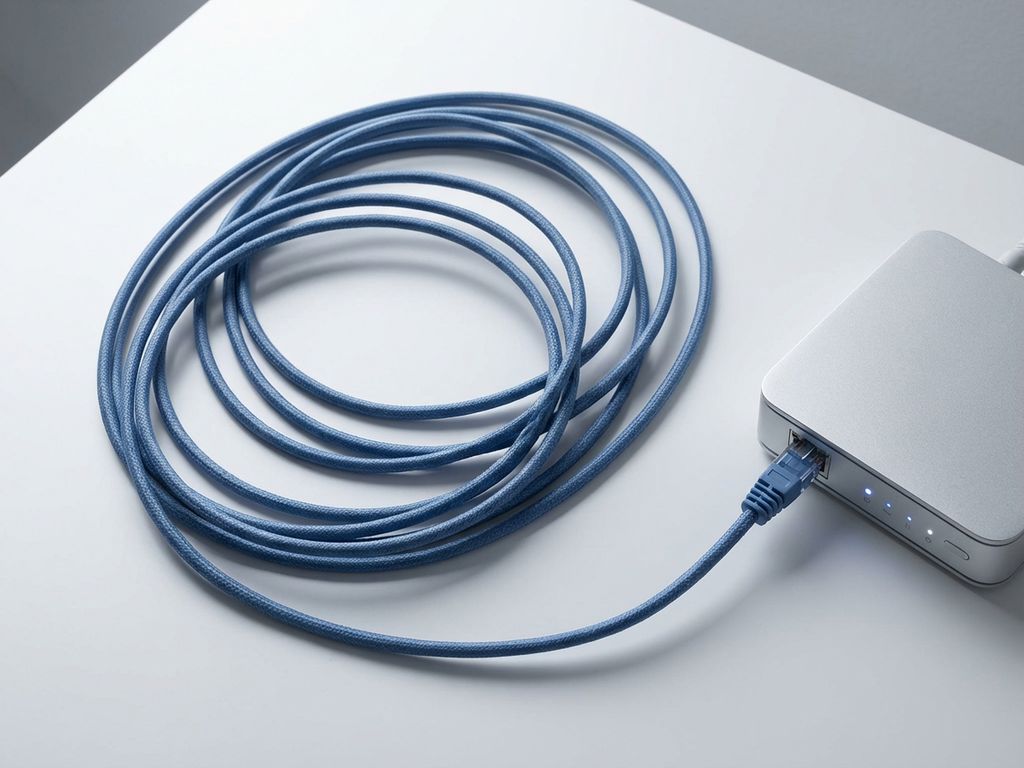 Blauwe ethernetkabel verbonden met zilveren router op wit bureau, elegant gecoild met zachte schaduwen