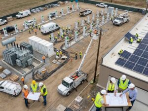 Luchtfoto van EV-laadstation bouwplaats met arbeiders, ingenieurs en zonnepanelen installatie in moderne energie infrastructuur