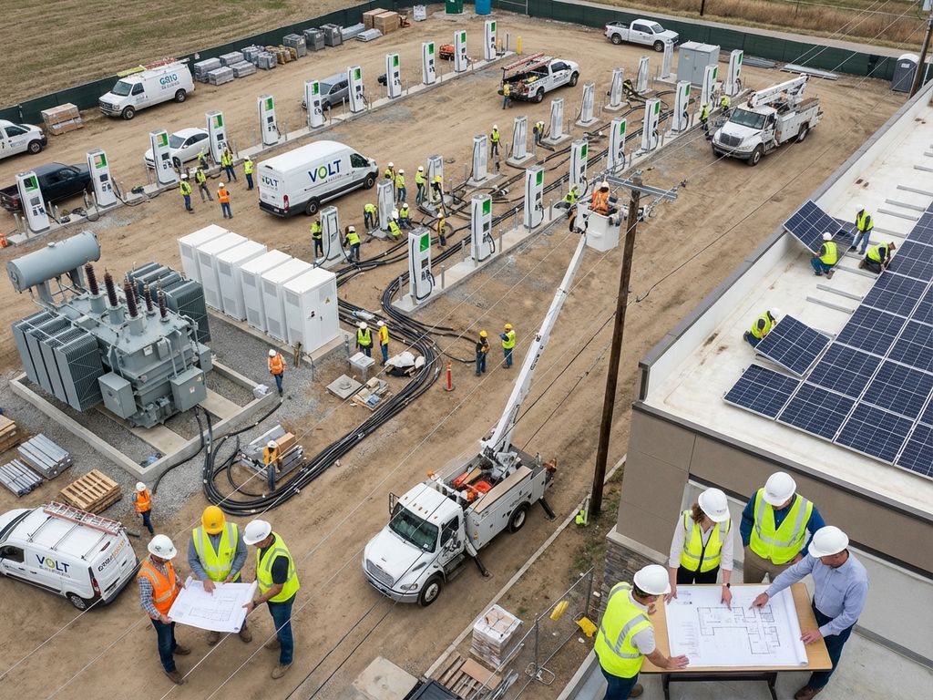 Luchtfoto van EV-laadstation bouwplaats met arbeiders, ingenieurs en zonnepanelen installatie in moderne energie infrastructuur