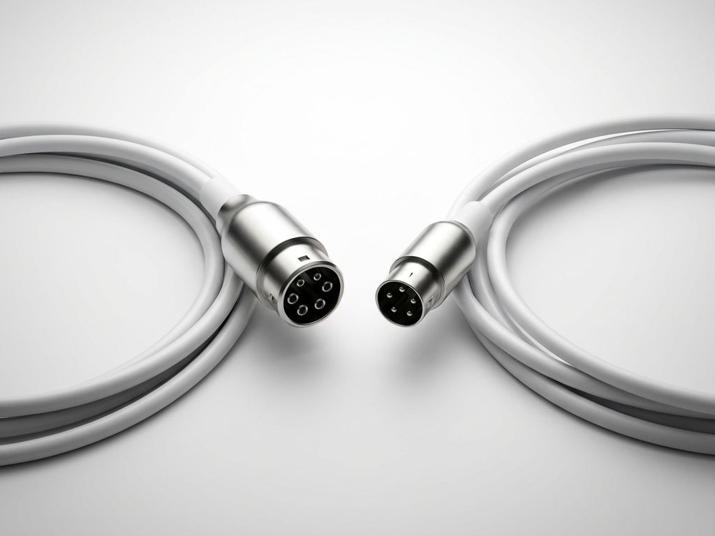 Type 2 en Type 1 EV-laadkabel connectoren op witte achtergrond, bovenaanzicht met symmetrische compositie