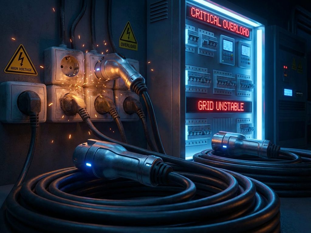 EV-laadkabels met elektrische vonken bij overbelaste stopcontacten, moderne schakelkast toont rode waarschuwingen