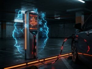 EV-laadstation met rode waarschuwingslichten en holografische cybersecurity dreigingssymbolen in dramatische belichting
