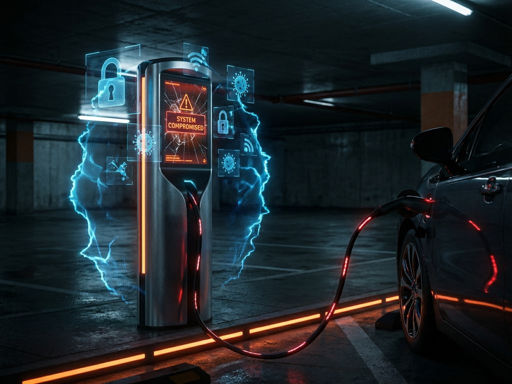 EV-laadstation met rode waarschuwingslichten en holografische cybersecurity dreigingssymbolen in dramatische belichting