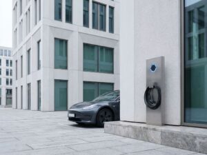 Moderne gebouwgevel met elektrische laadpaal, strakke architectuur in wit en grijs met blauwe indicator