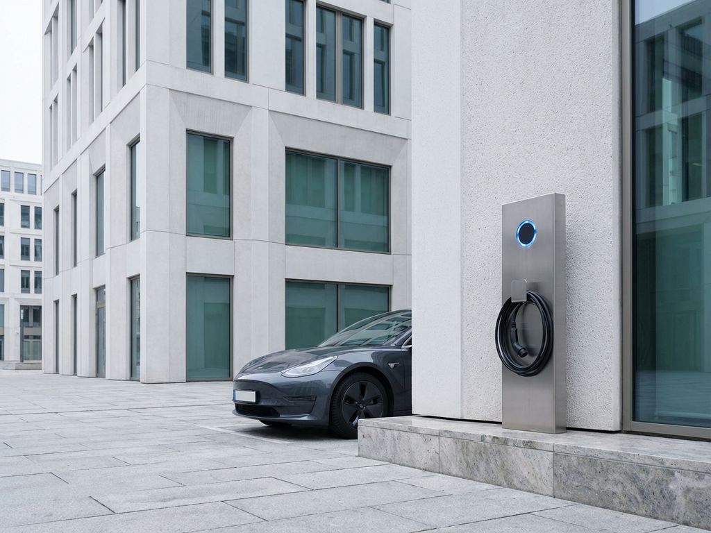 Moderne gebouwgevel met elektrische laadpaal, strakke architectuur in wit en grijs met blauwe indicator