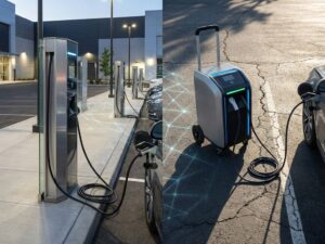 Vergelijking van vaste EV-laadpaal en mobiele laadunit met LED-indicatoren op commerciële parkeerplaats