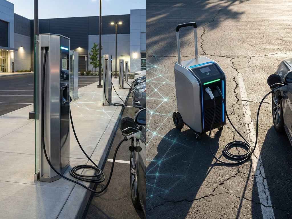 Vergelijking van vaste EV-laadpaal en mobiele laadunit met LED-indicatoren op commerciële parkeerplaats
