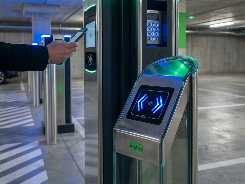 Moderne EV-laadstations in bedrijfsparkeergarage met RFID-kaartlezer, NFC-betaalterminal en digitaal toetsenbord