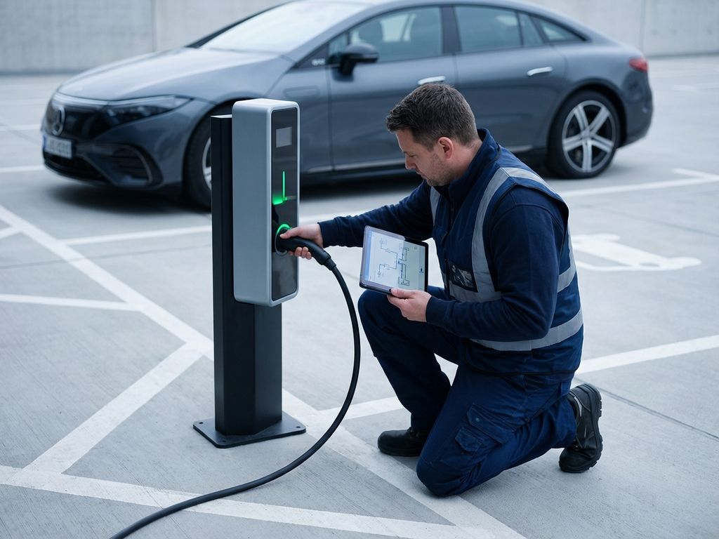 Technicus installeert EV-laadstation met tablet, elektrische auto op achtergrond in moderne garage