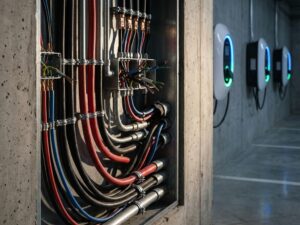 Industriële elektrische kabels en leidingen in scherpe focus met EV-laadstations op de achtergrond