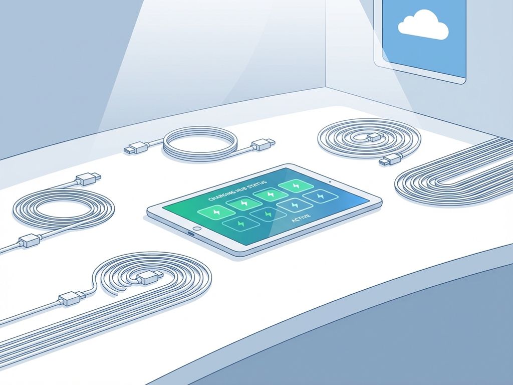 Tablet met groene laadstation-indicatoren op wit bureau met nette oplaadkabels in geometrische patronen