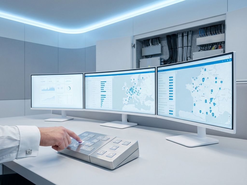 Professionele hand bedient controlepaneel van laadstation-monitoring systeem in moderne witte controlekamer