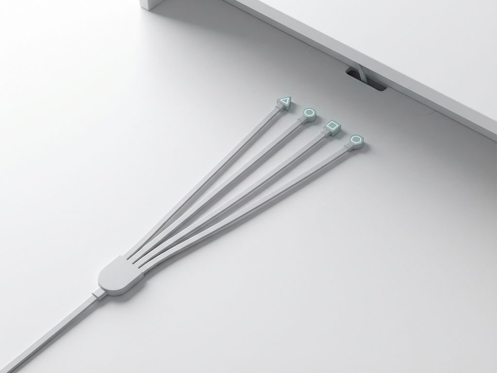 Witte bureauoppervlak met georganiseerde oplaadkabel die zich vertakt naar meerdere geometrische poorten in minimalistische stijl