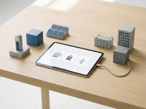 Moderne tablet met oplaadstation iconen op houten bureau, omringd door minimalistische blokken en elegante oplaadkabel