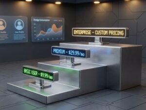 Drietal verlichte prijskaartjes op trappen: groen basic, blauw premium, goud enterprise met gebruikersiconen op achtergrond