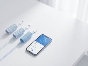 Smartphone met laadstation-beheerinterface op witte minimalistische bureau met blauwe accenten en oplaadkabels