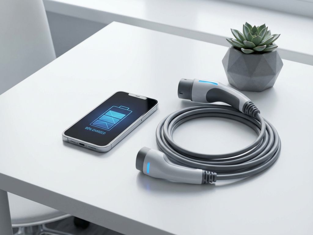 Smartphone met oplaadinterface naast elektrische auto oplaadkabel op wit bureau in modern kantoor