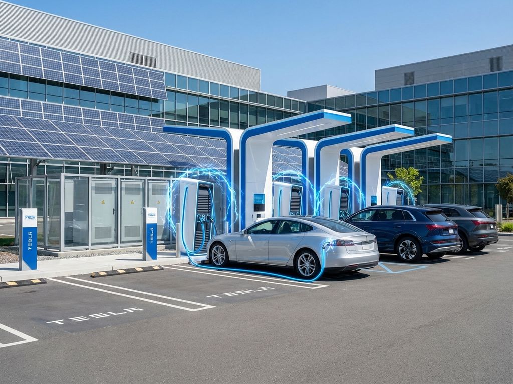 Ultrasnelle laadstation met witte en blauwe design laadt elektrische auto's op in zakelijke parkeergarage