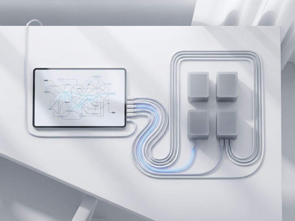 Moderne tablet toont netwerkdiagrammen verbonden met witte serverblokken via geometrische kabels op wit bureau