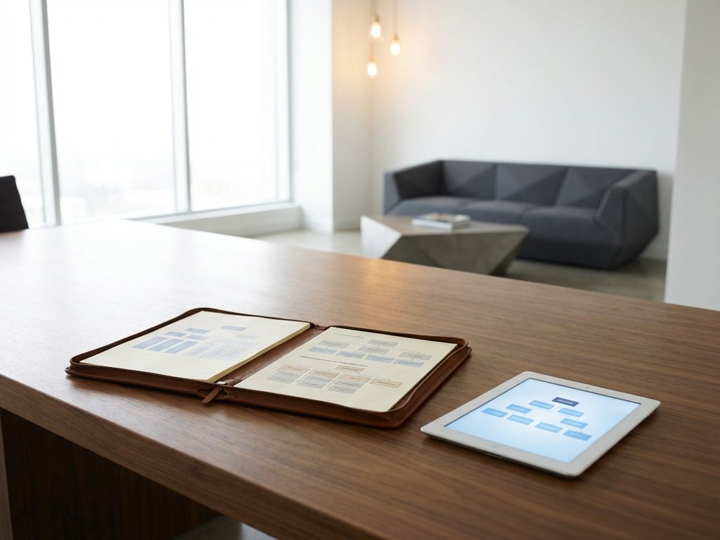 Houten vergadertafel met open portfolio met organisatieschema's en tablet met bedrijfshiërarchie in modern kantoor
