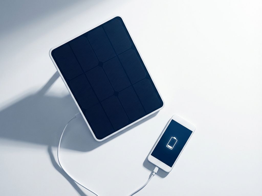 Zonnepaneel laadt smartphone op witte ondergrond, toont duurzame energie-oplossing met oplaadkabel