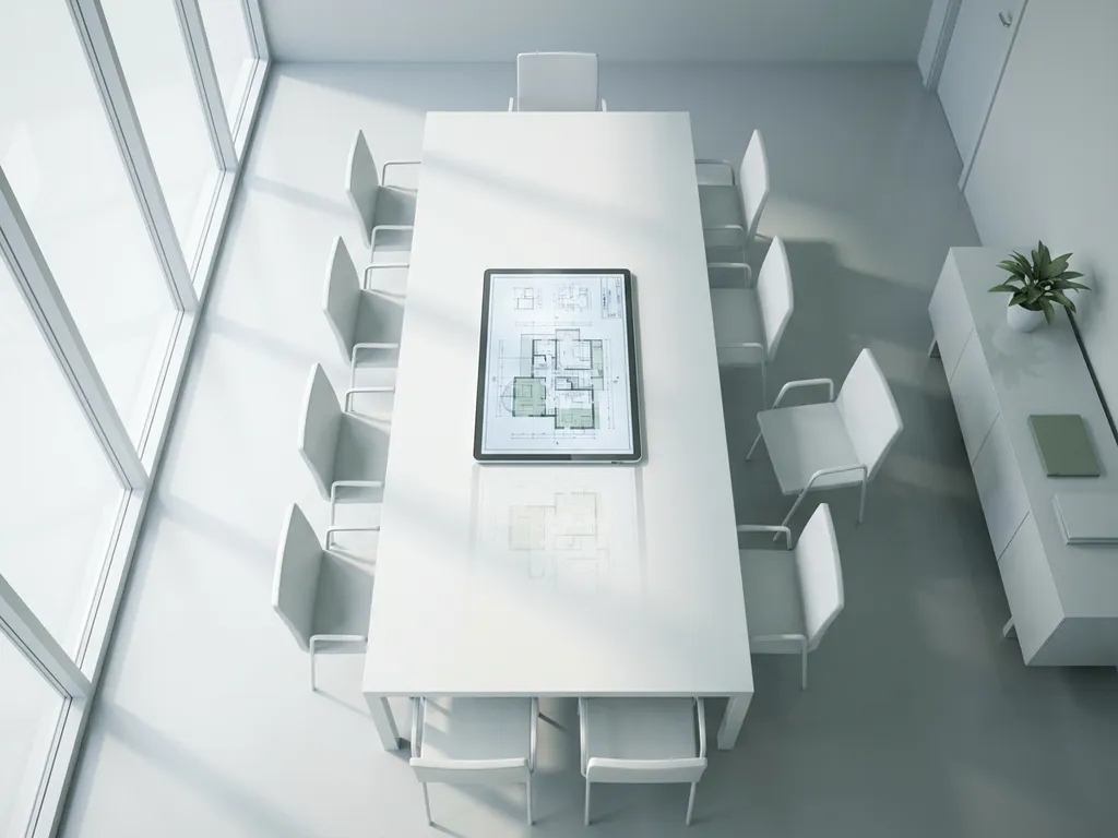 Witte vergadertafel met tablet met architecturale bouwplannen, minimalistische stoelen in geometrische opstelling, moderne vergaderruimte met grote ramen
