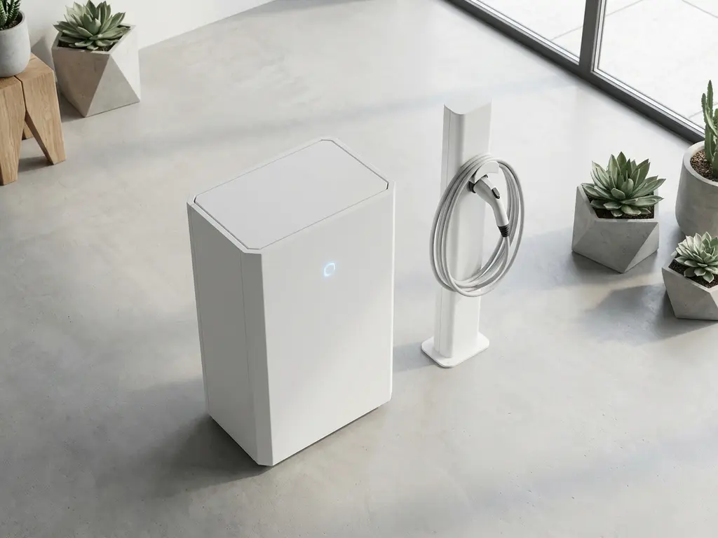 Witte batterij-opslagunit naast moderne EV-laadstation op betonnen ondergrond, bovenaanzicht met zachte schaduwen