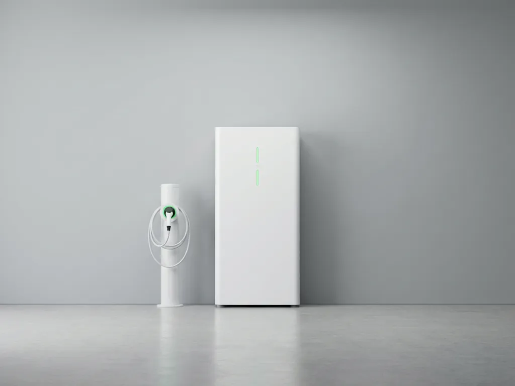 Moderne witte batterij-opslagunit naast EV-laadstation met groene LED-indicatoren tegen grijze achtergrond