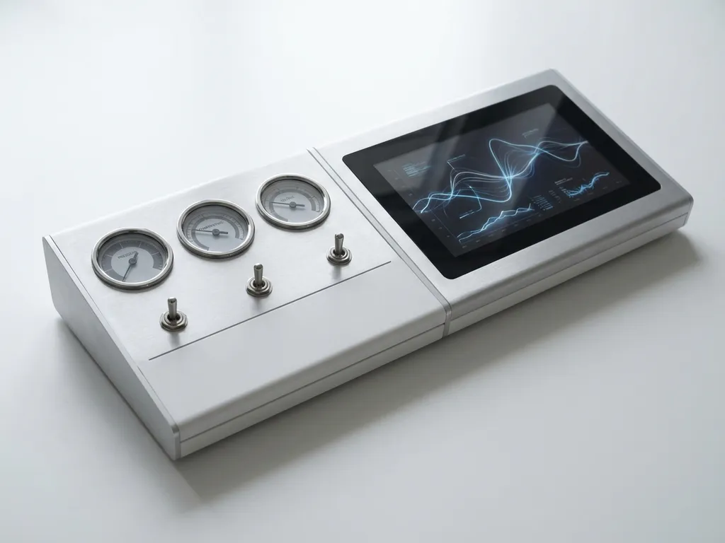 Strak controlepaneel met analoge meters links en digitaal touchscreen rechts op witte werkplek