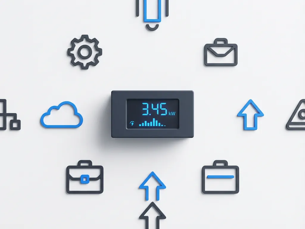 Digitale stroommeter met kilowatt-uitlezing op witte muur omringd door minimalistische geometrische vormen in grijs en blauw