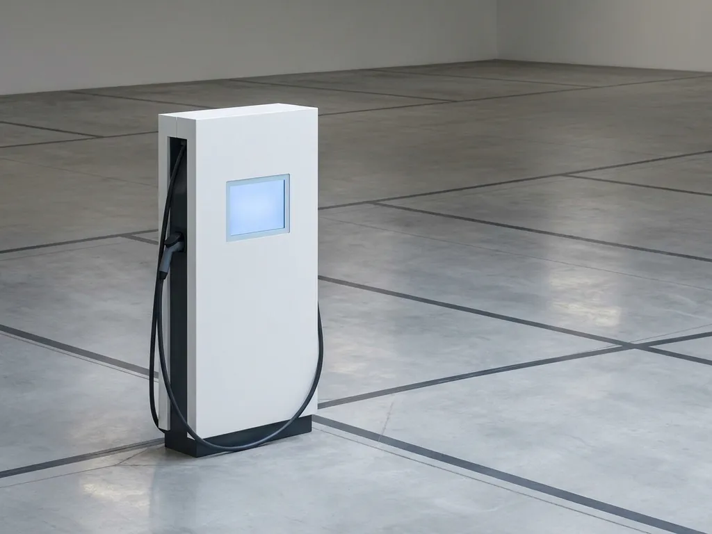 Witte EDI laadpaal met blauw verlicht display op betonnen parkeerplaats met minimalistische lijnen