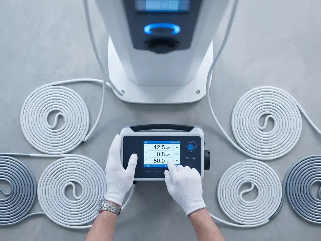 Handen van elektrotechnicus die digitale stroommeter met kilowatt-uitlezing bijstelt, omringd door witte oplaadkabels