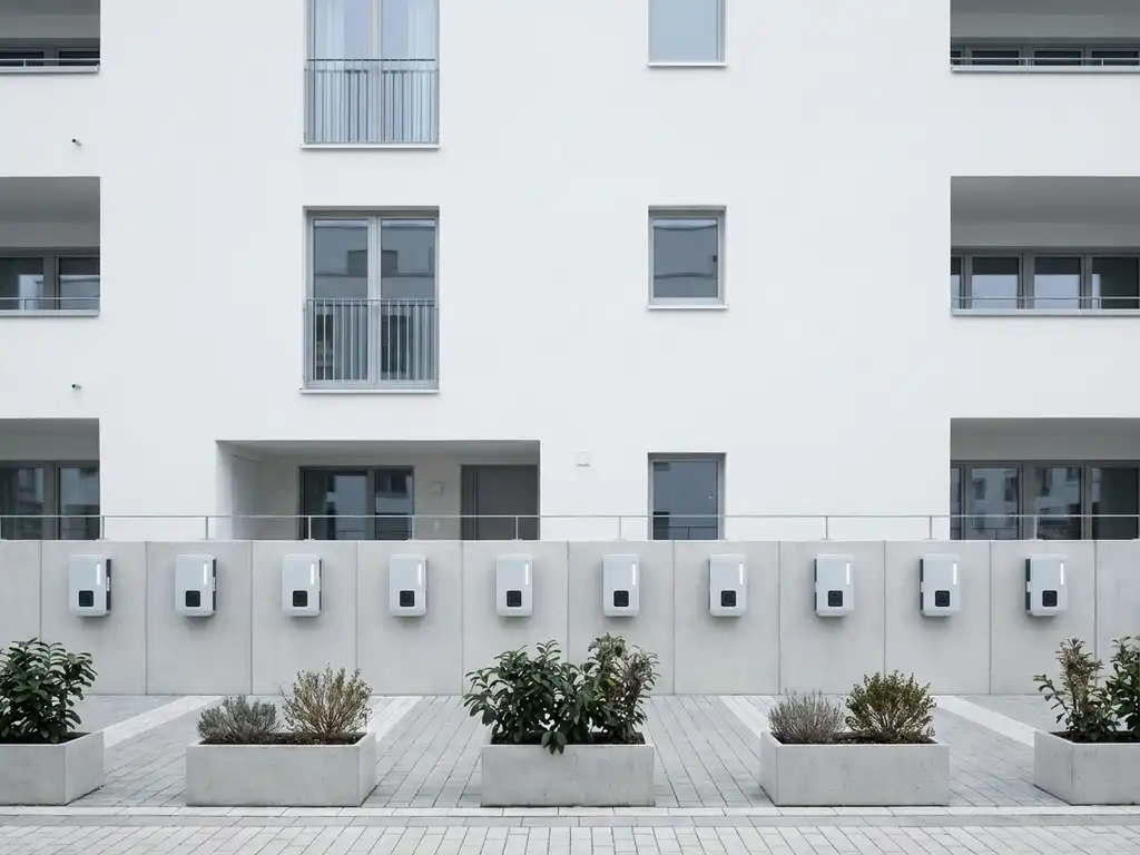 Wit appartementengebouw met symmetrisch geplaatste EV-laadstations langs de begane grond, omgeven door minimalistische beplanting