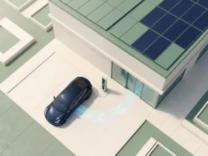 Elektrische auto verbonden met laadstation via witte kabel, energiestroom naar kantoorgebouw met zonnepanelen op dak