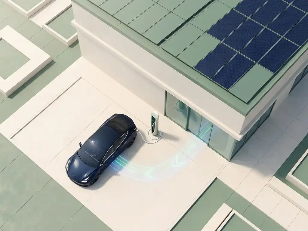 Elektrische auto verbonden met laadstation via witte kabel, energiestroom naar kantoorgebouw met zonnepanelen op dak