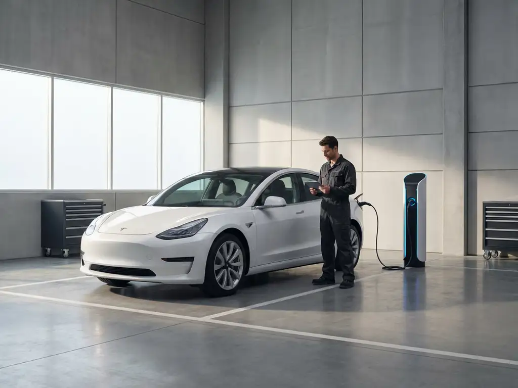 Witte elektrische auto bij moderne laadpaal met monteur die digitale tablet vasthoudt voor technische inspectie