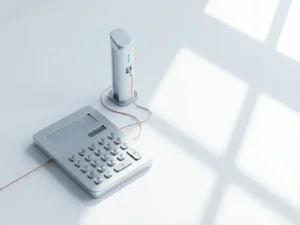 Rekenmachine met metalen knoppen naast miniatuur elektrische laadstation model, verbonden door koperen draden op wit bureau