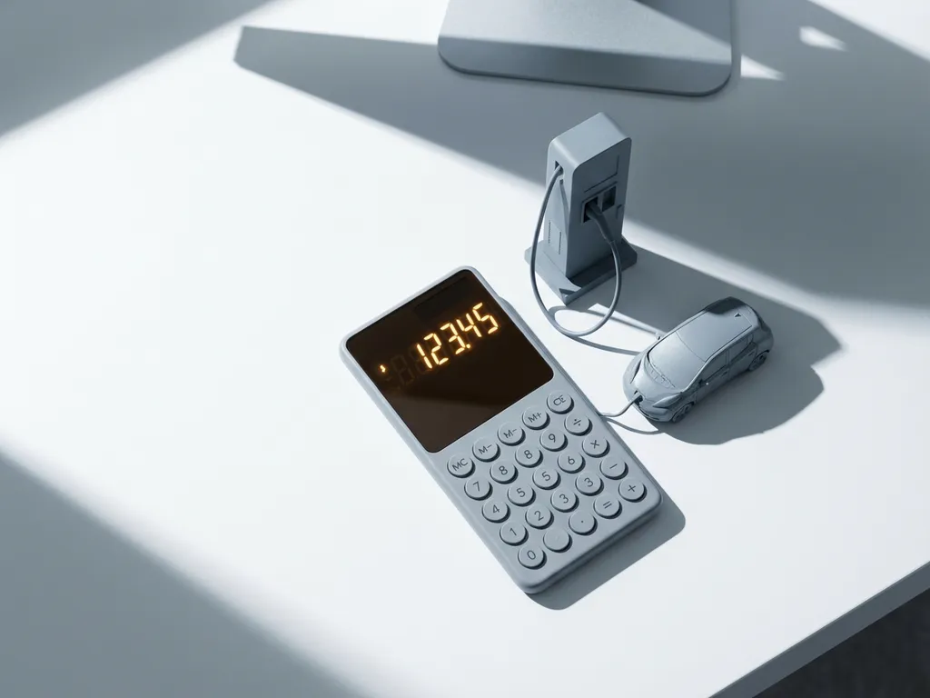 Elegante rekenmachine met amber display naast miniatuur elektrische voertuig oplaadstation op witte bureau