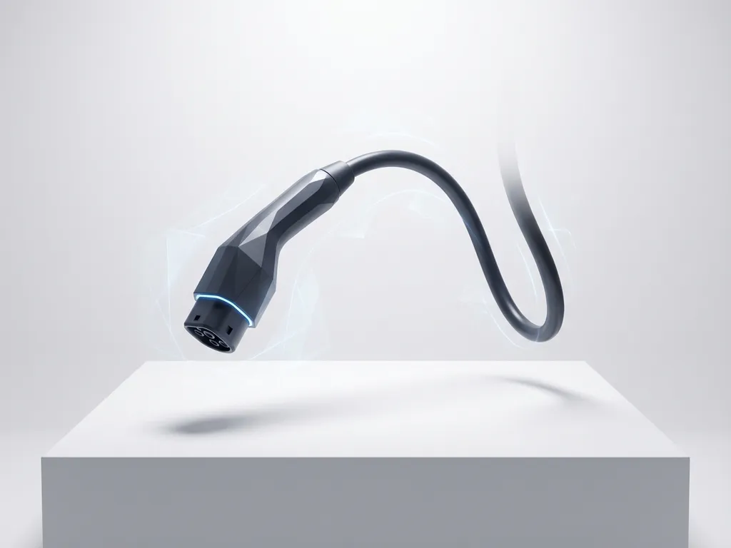 Elegante elektrische voertuig oplaadkabel met geometrische connector zwevend boven wit oppervlak met blauwe accenten