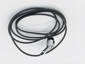 Elegante zwarte oplaadkabel verbonden met witte elektrische auto-oplaadpoort, minimalistische overhead compositie